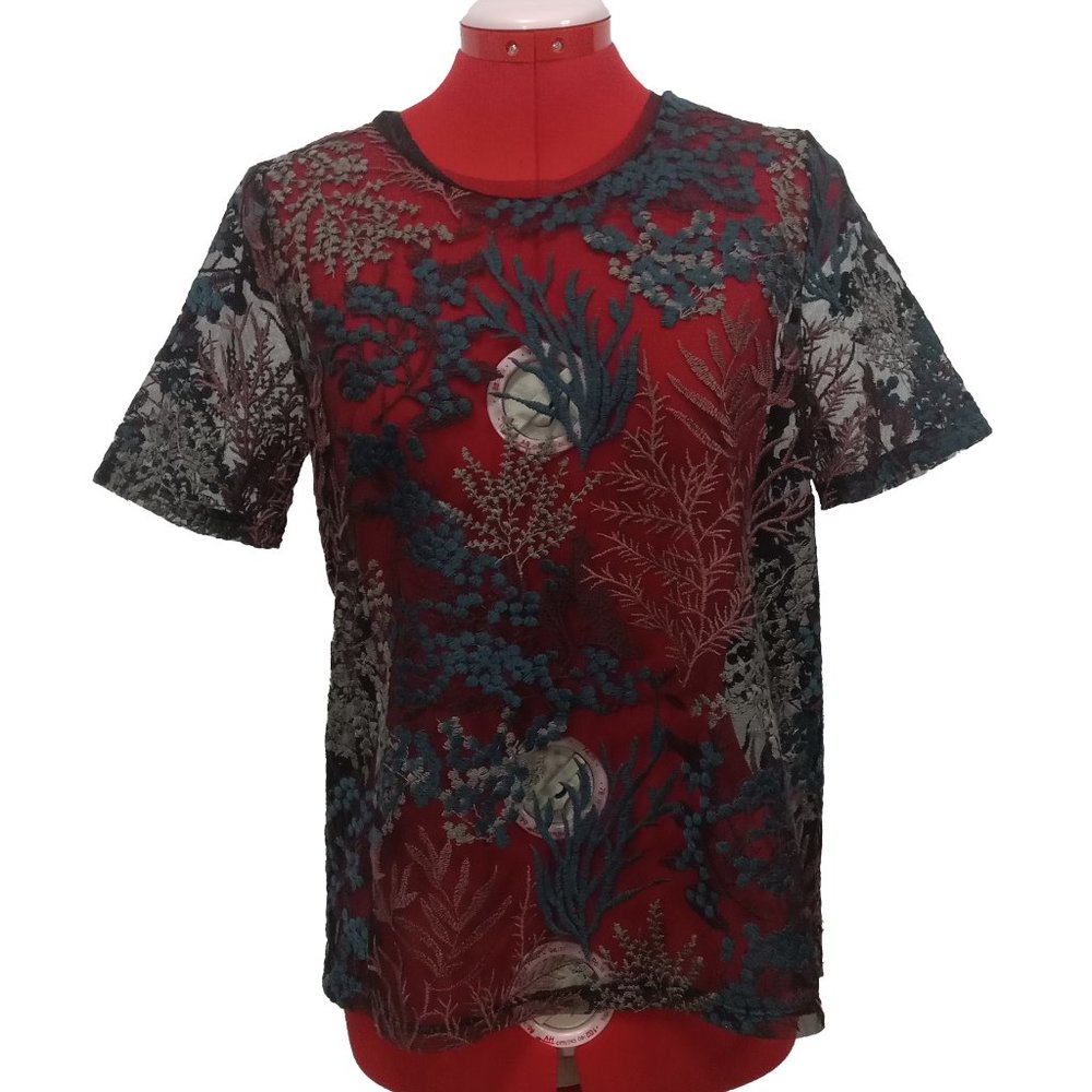Zara Sheer Black Mesh Embroidered Short Sleeve Blouse W/B Collection Size US M